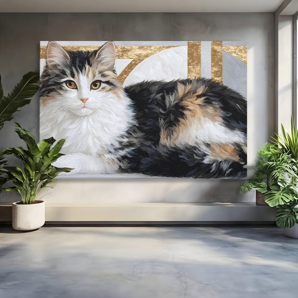 Tablou canvas cu tablou canvas cu pisica calico si accente aurii, fara rama, pe sasiu de lemn